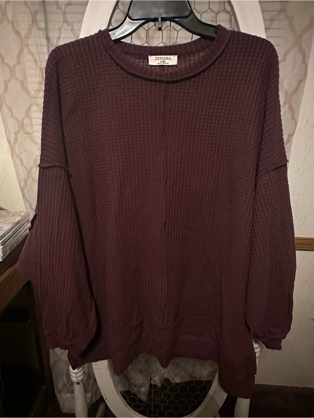 Zenana Outfitters Waffle Knit Pullover Sweater - Plum